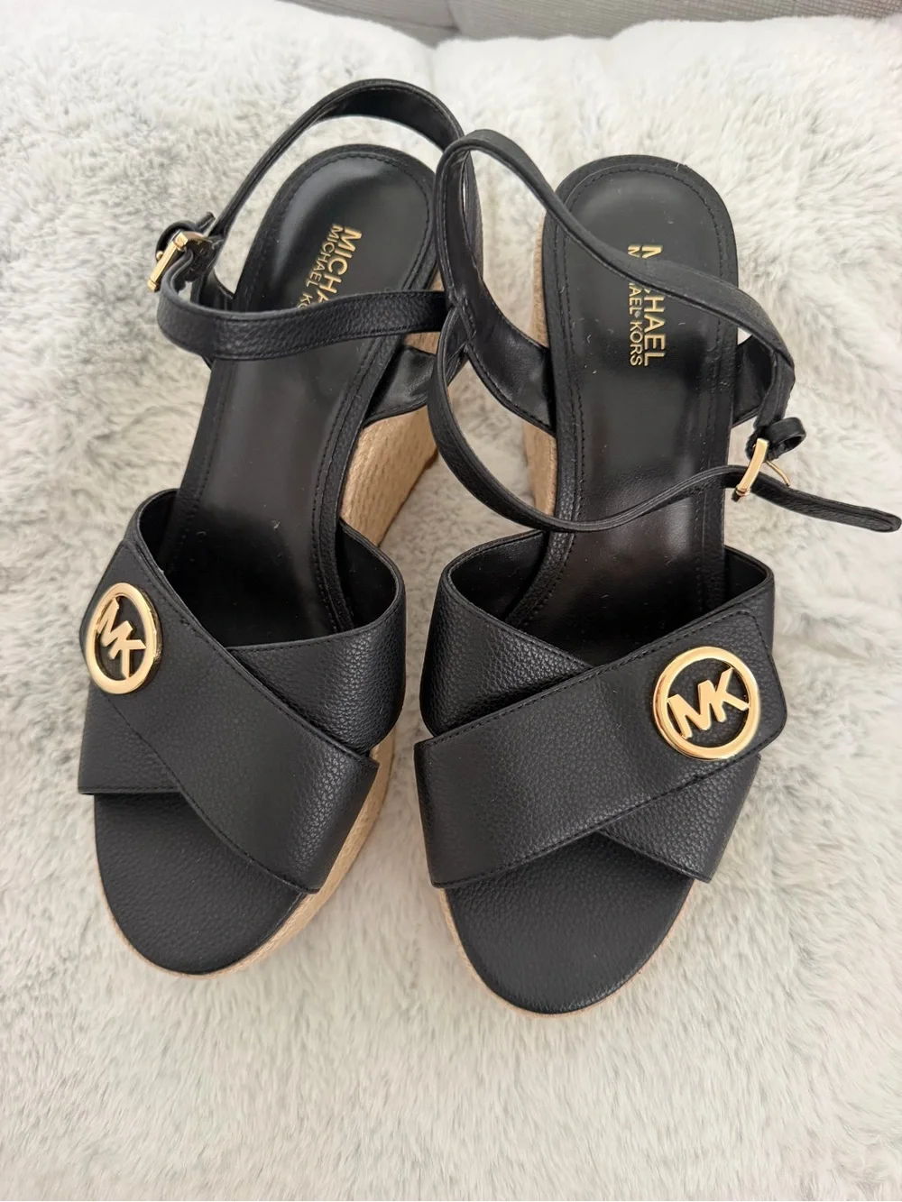 Michael Kors Black Leather Platform Espadrille Wedges with MK Medallion